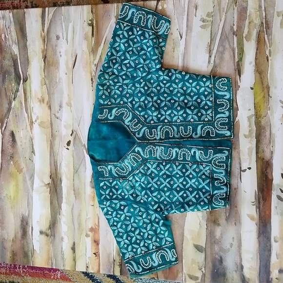 BEAUTIFUL Embroidery Beaded Ethnic Turquoise Silk SS Vintage Crop Top Jacket - Picture 12 of 16